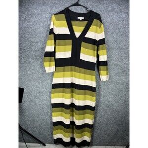 Eva Mendes New York And Company Full Length Dress Green White Black Striped XL